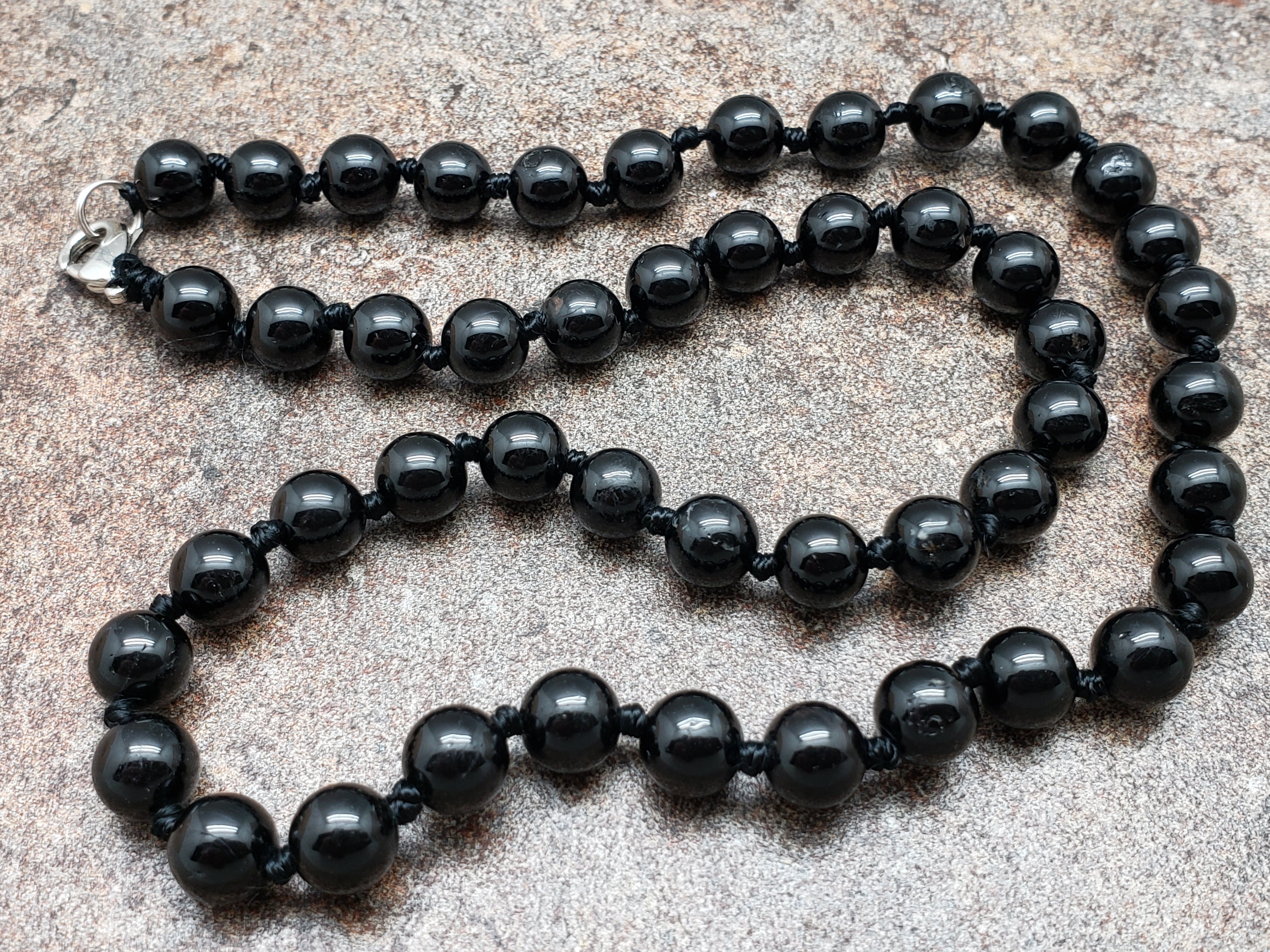 Black Tourmaline Hand Knotted Necklace with Lobster Claw Clasp