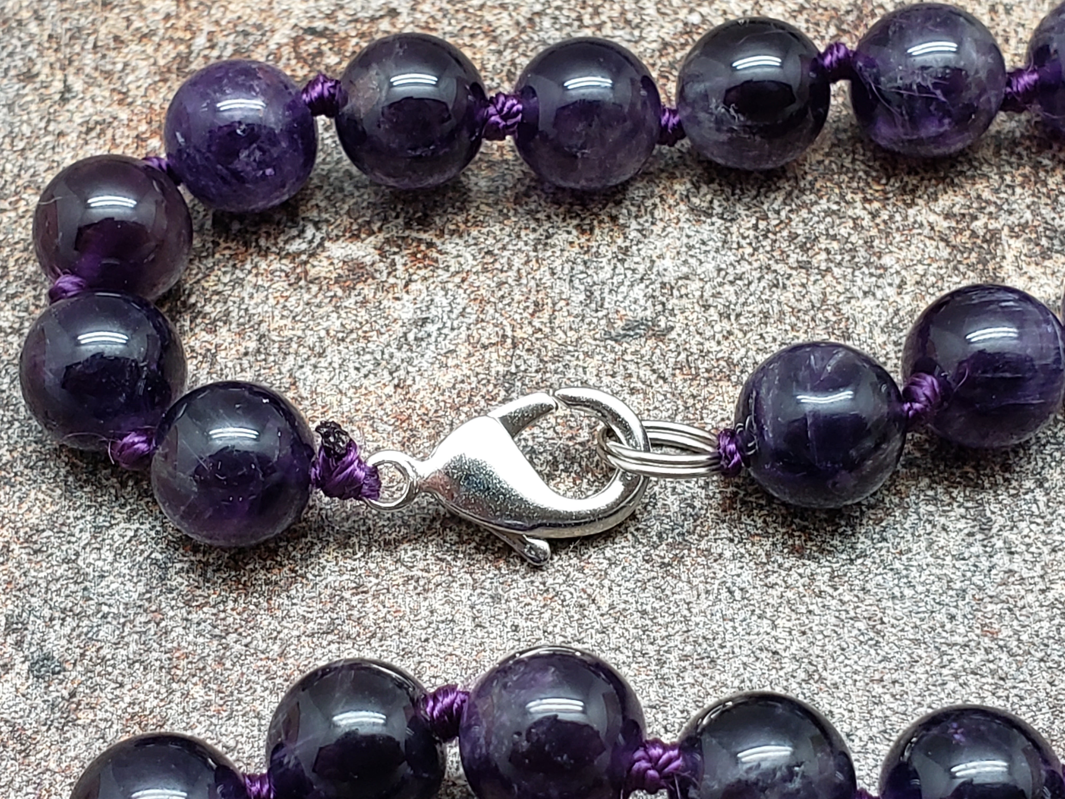 Amethyst Hand Knotted Necklace with Lobster Claw Clasp