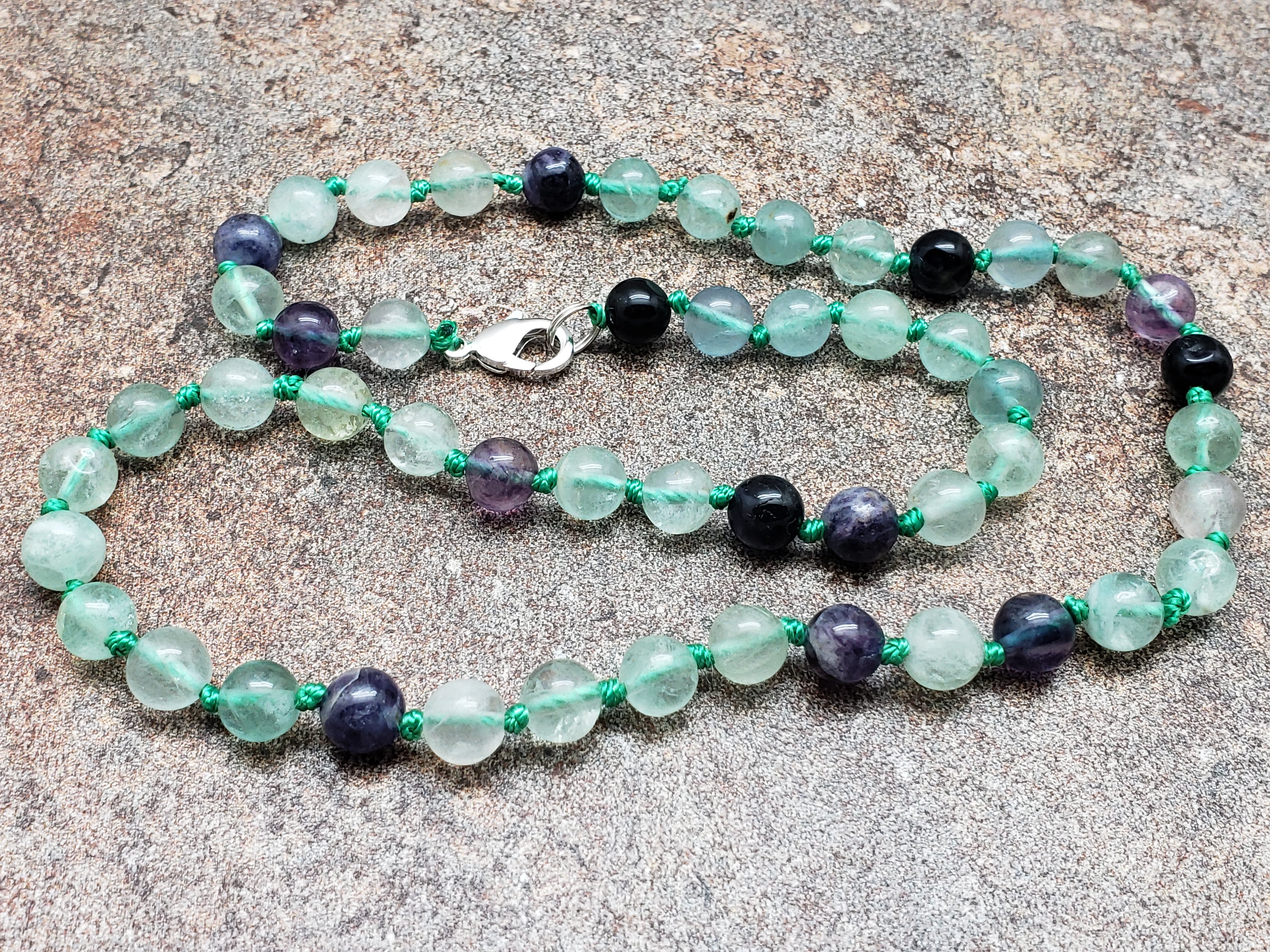 Mixed Fluorite Hand Knotted Necklace with Lobster Claw Clasp