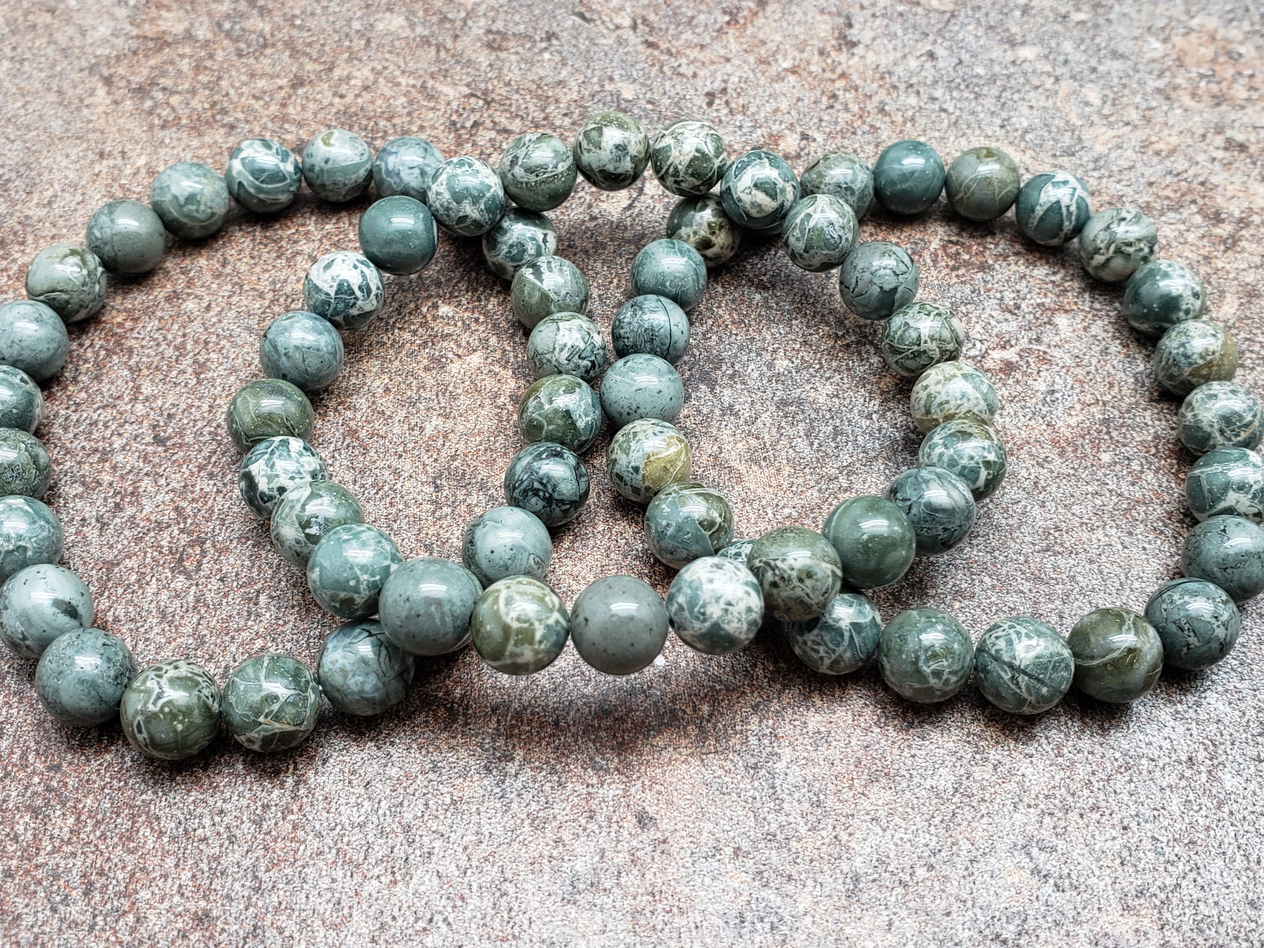 Count of 5 Green Brecciated Jasper Bracelets, 7 inch