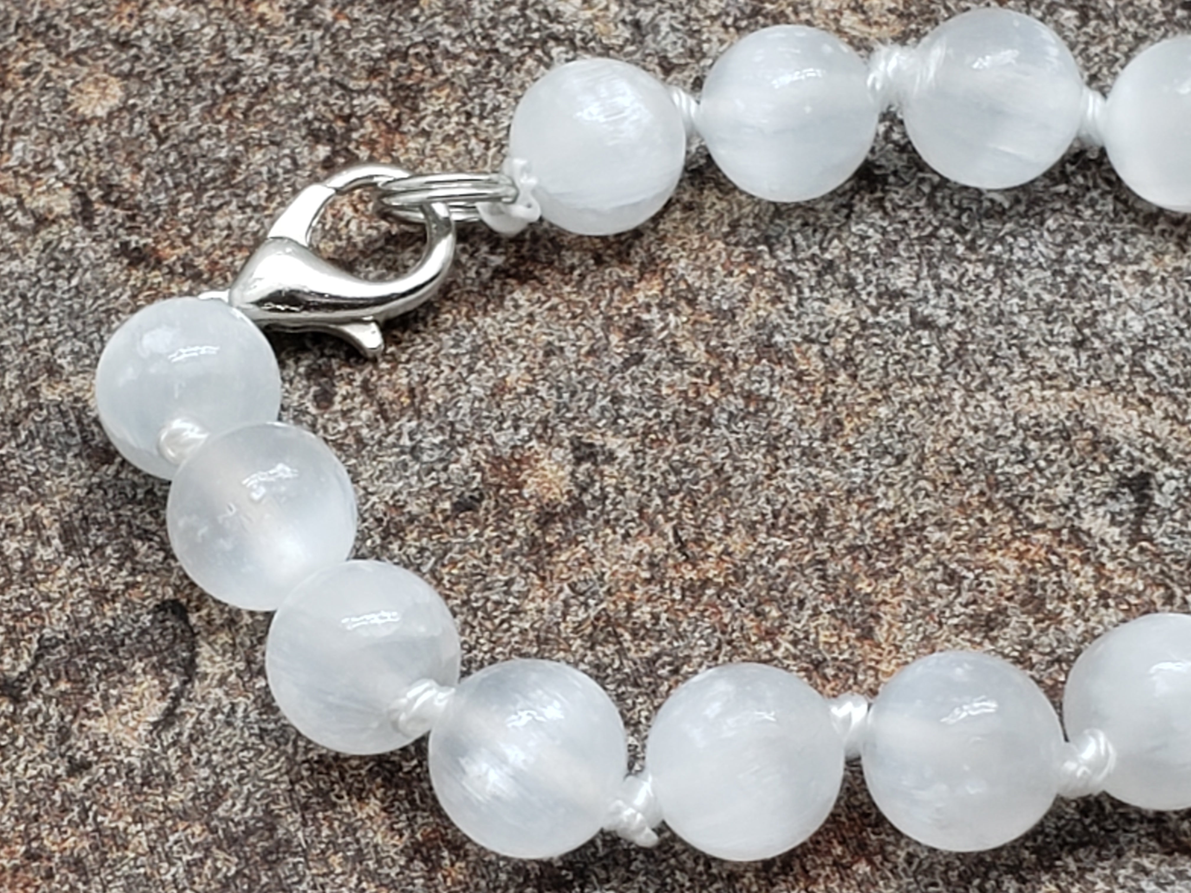 Selenite Hand Knotted Necklace with Lobster Claw Clasp