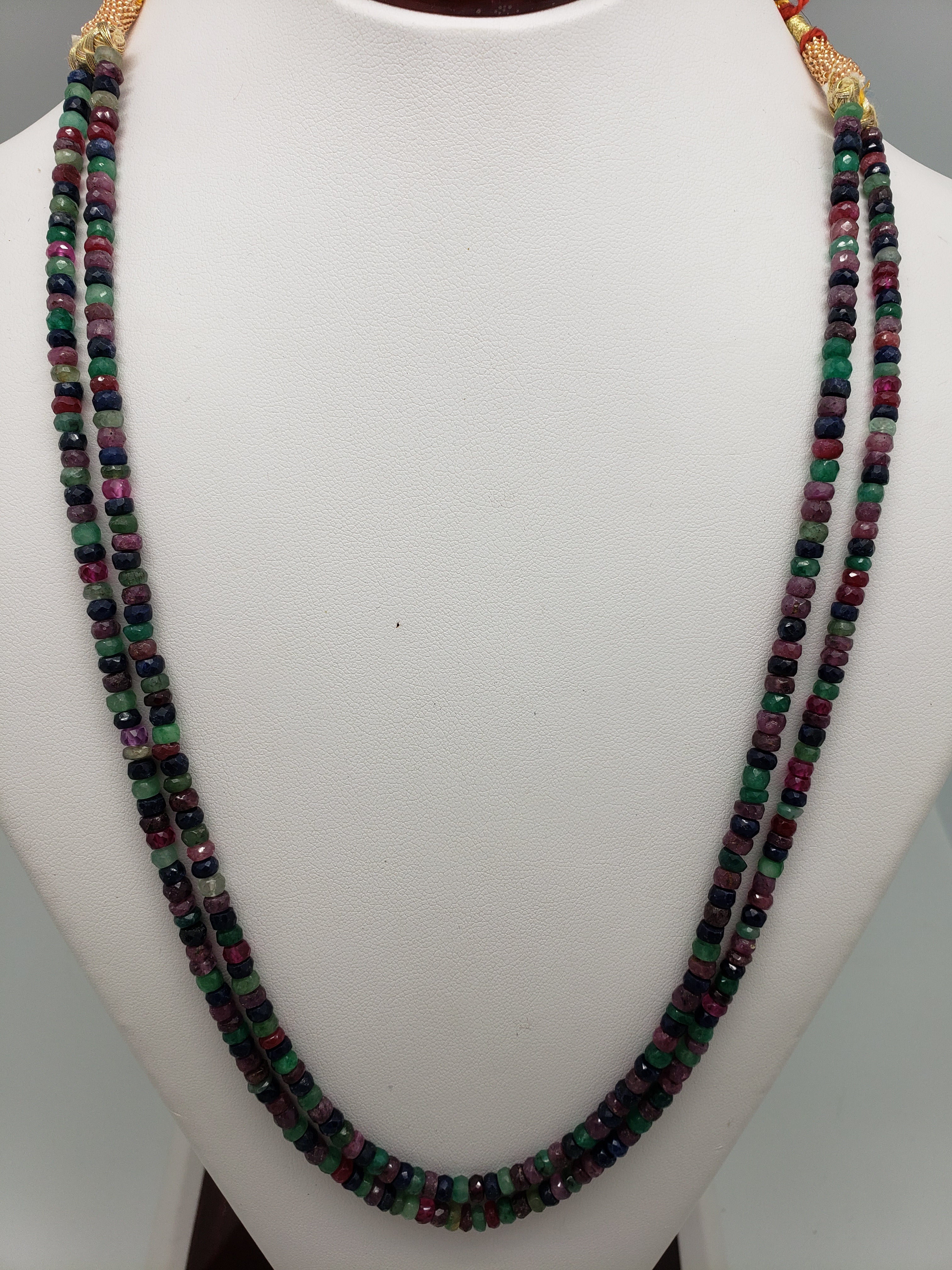 2 Strand Ruby, Emerald & Sapphire Mix Faceted Rondelle Necklace, 4 to 4.5mm