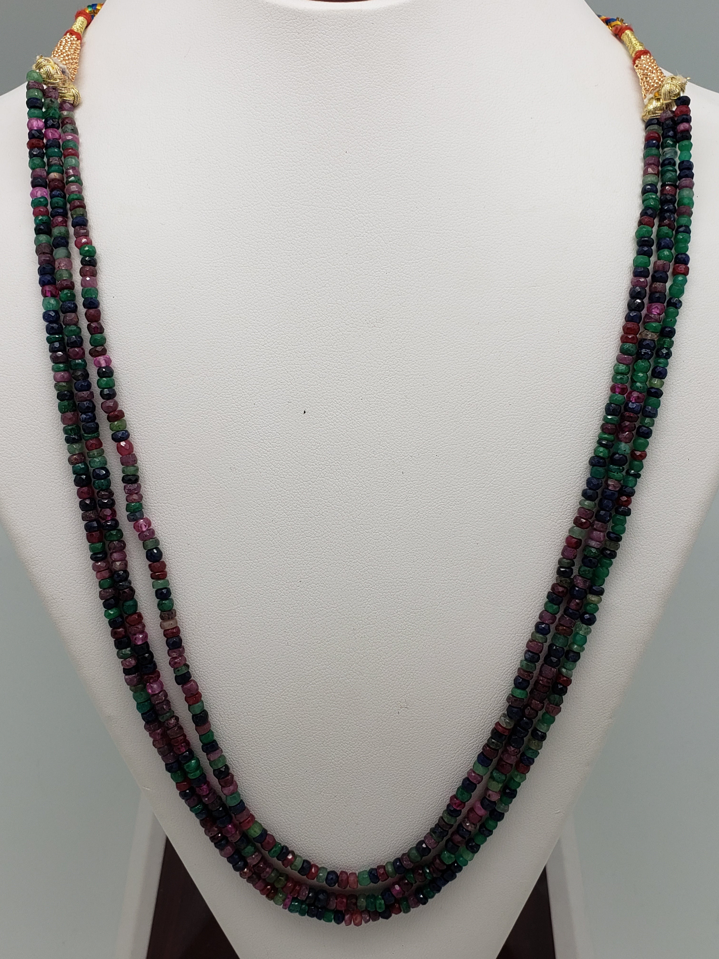 3 Strand Ruby, Emerald & Sapphire Mix Faceted Rondelle Necklace, 3.5 to 3.7mm