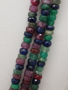 3 Strand Ruby, Emerald & Sapphire Mix Faceted Rondelle Necklace, 3.5 to 3.7mm