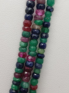 3 Strand Ruby, Emerald & Sapphire Mix Faceted Rondelle Necklace, 3.5 to 3.7mm