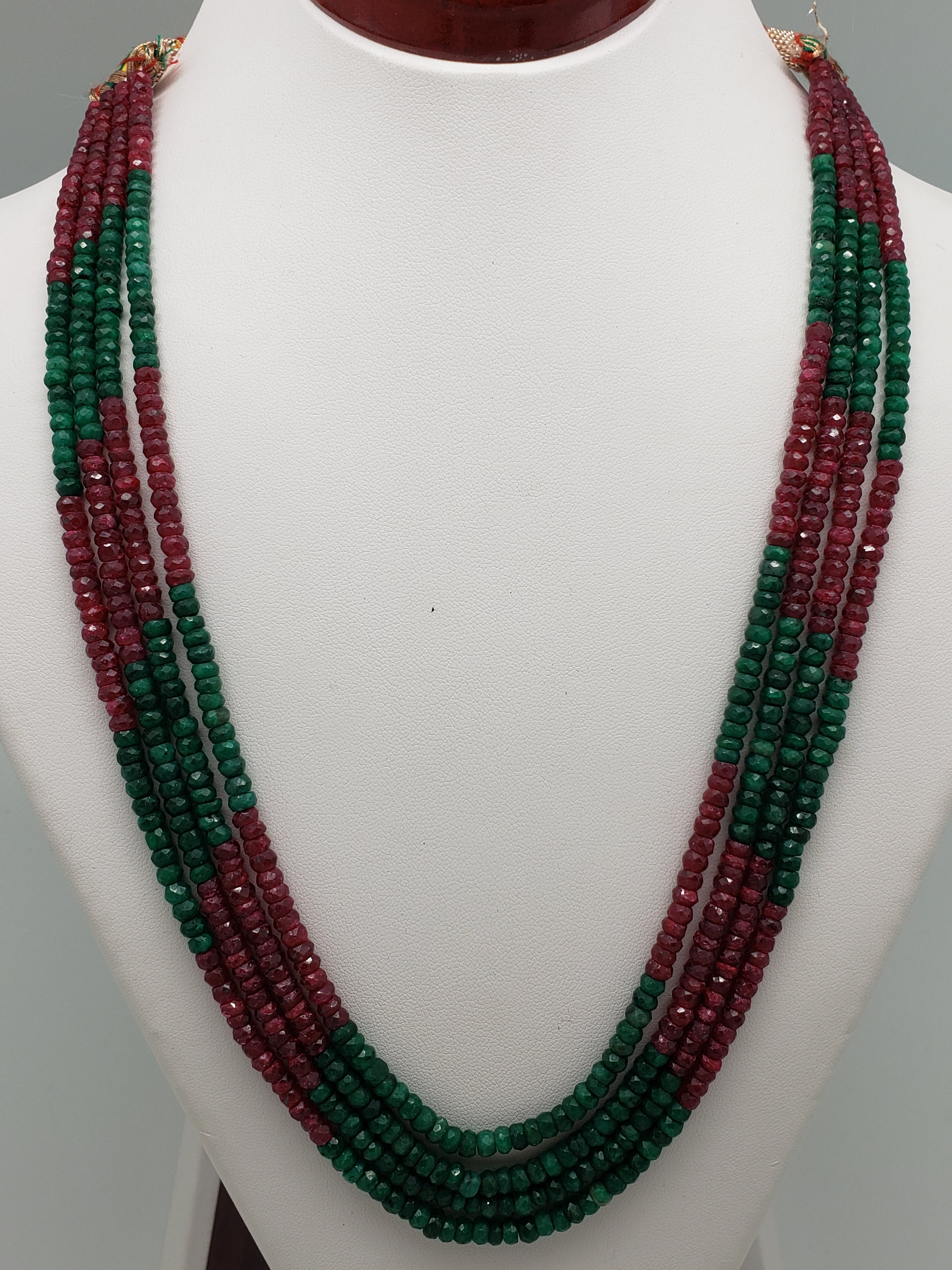 4 Strand Ruby & Emerald Faceted Rondelle Necklace, 4 to 4.3mm