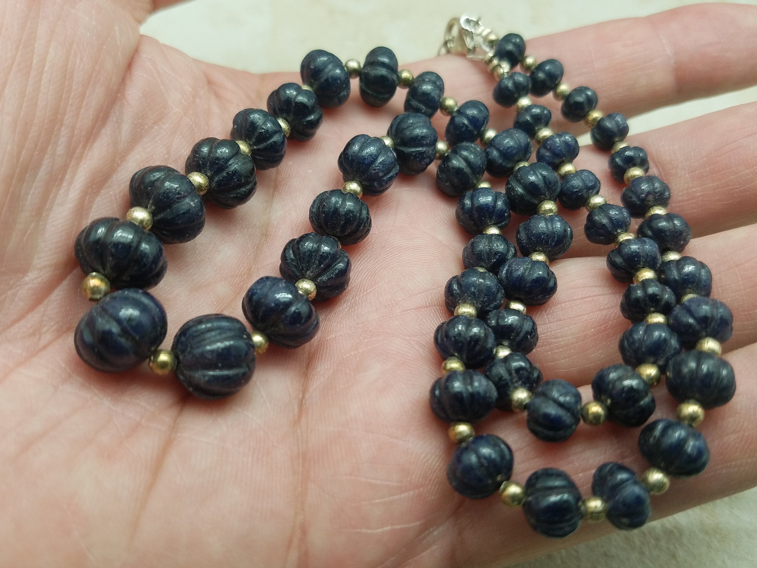 Graduated 7mm to 10mm Natural Blue Sapphire Carved Pumpkin Necklace with Sterling Silver Clasp, 20 inch