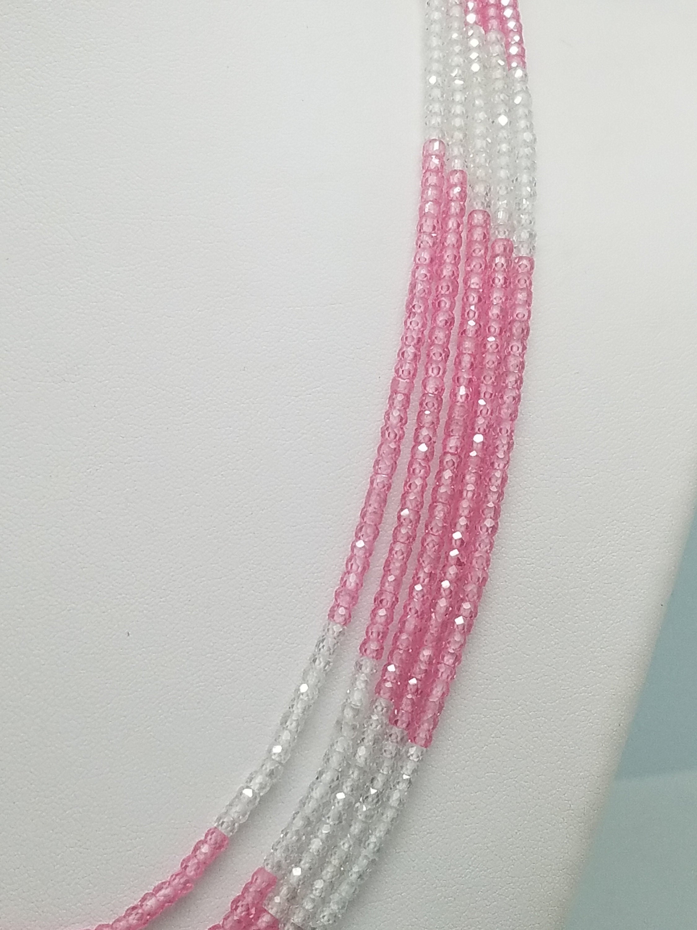 3mm Pink & White CZ Beaded Necklace - 5 Strands, Gemstone Necklace