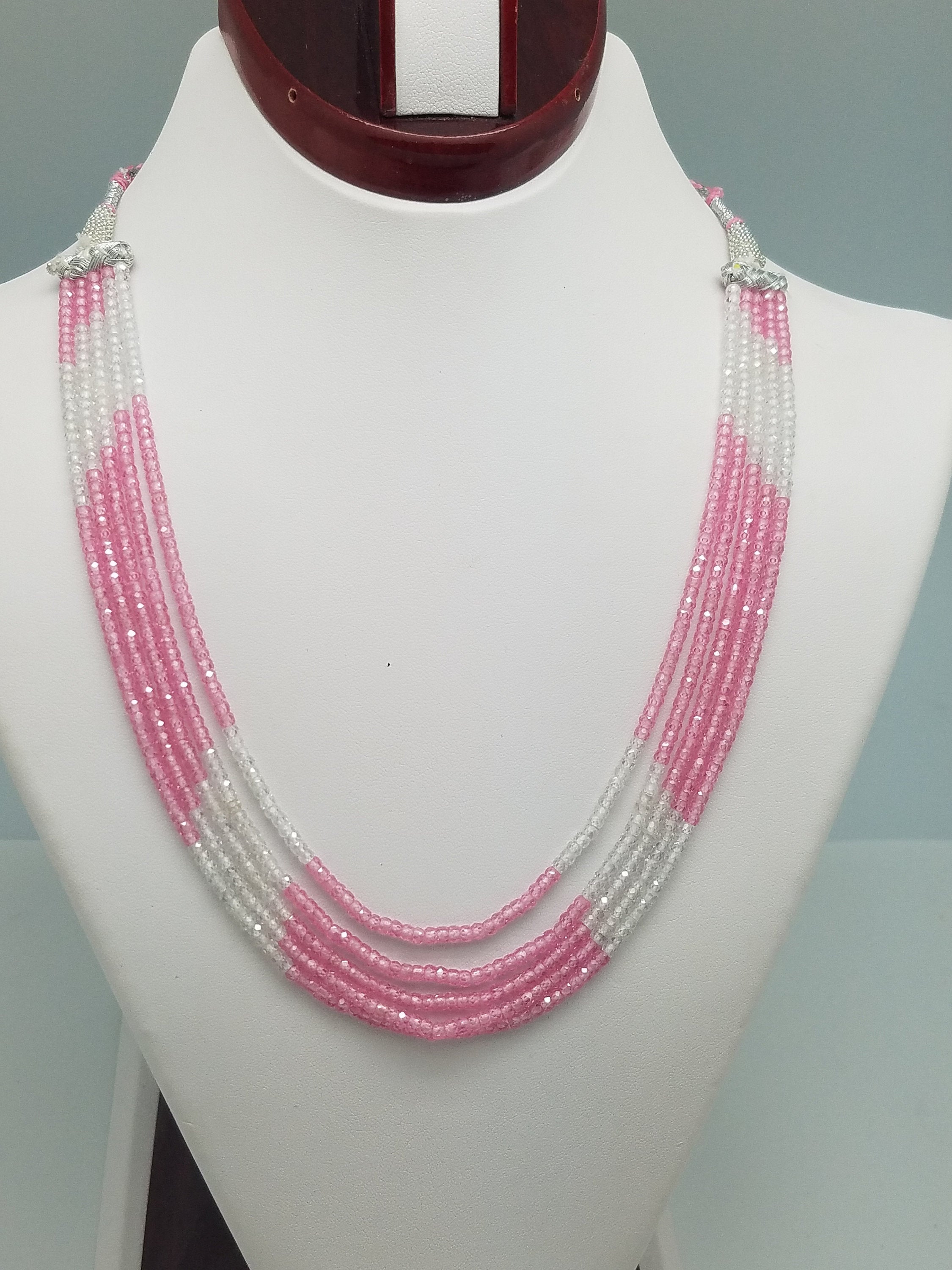 3mm Pink & White CZ Beaded Necklace - 5 Strands, Gemstone Necklace