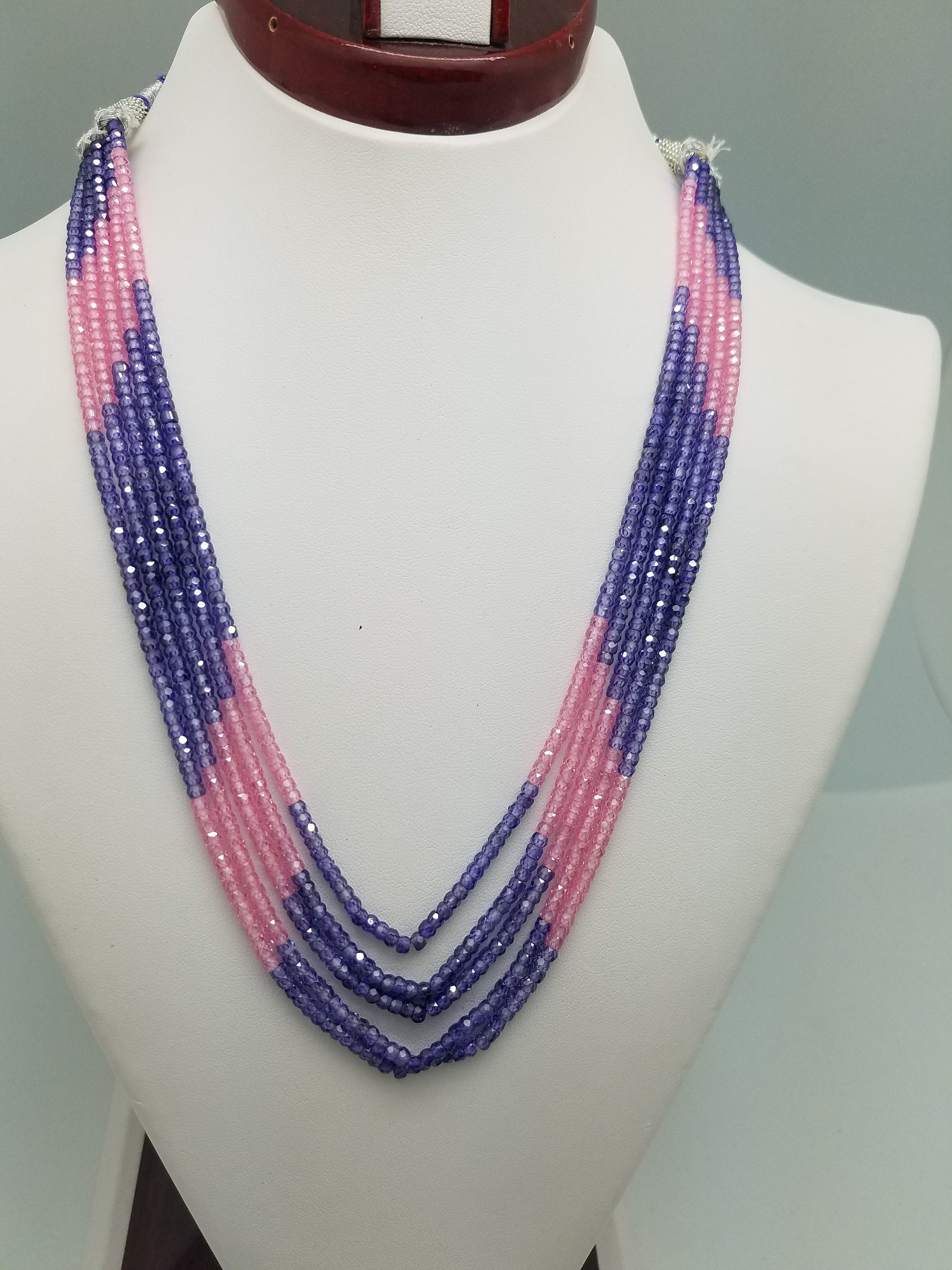 3mm Pink & Purple CZ Faceted Beaded Necklace - 5 Strands, Gemstone Necklace