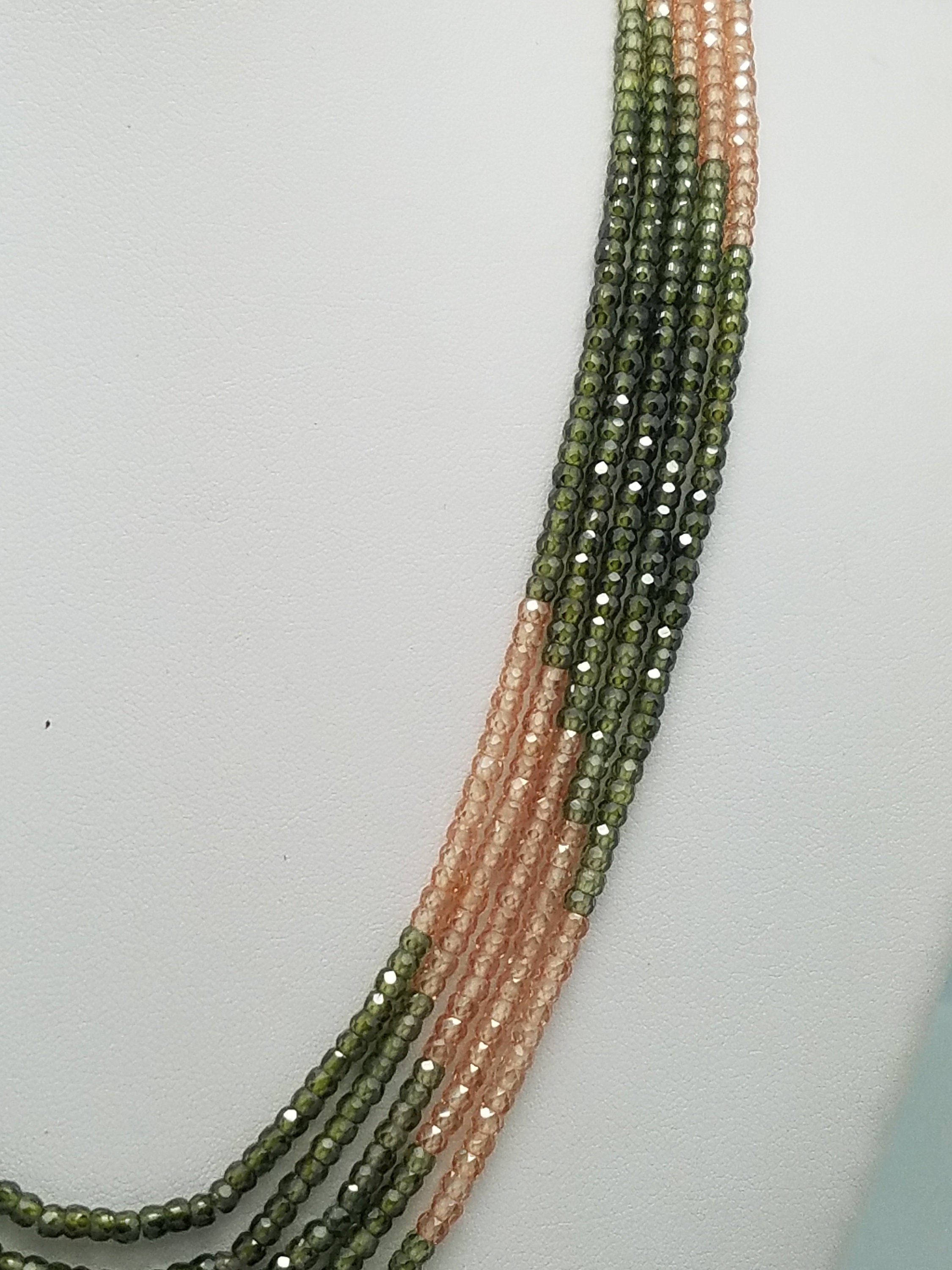 3mm Brown & Green CZ Faceted Beaded Necklace - 5 Strands, Gemstone Necklace