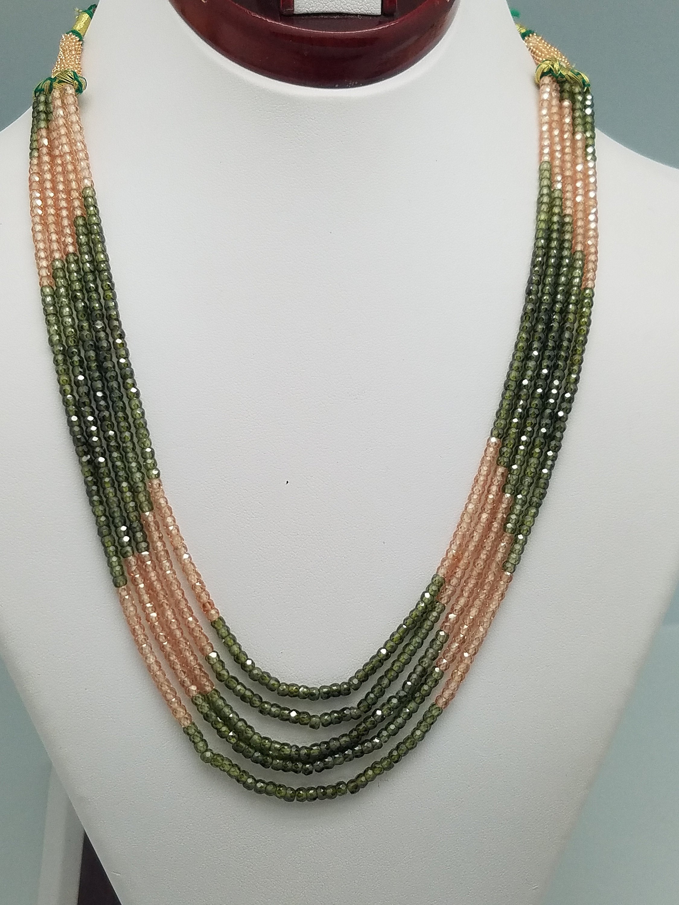 3mm Brown & Green CZ Faceted Beaded Necklace - 5 Strands, Gemstone Necklace