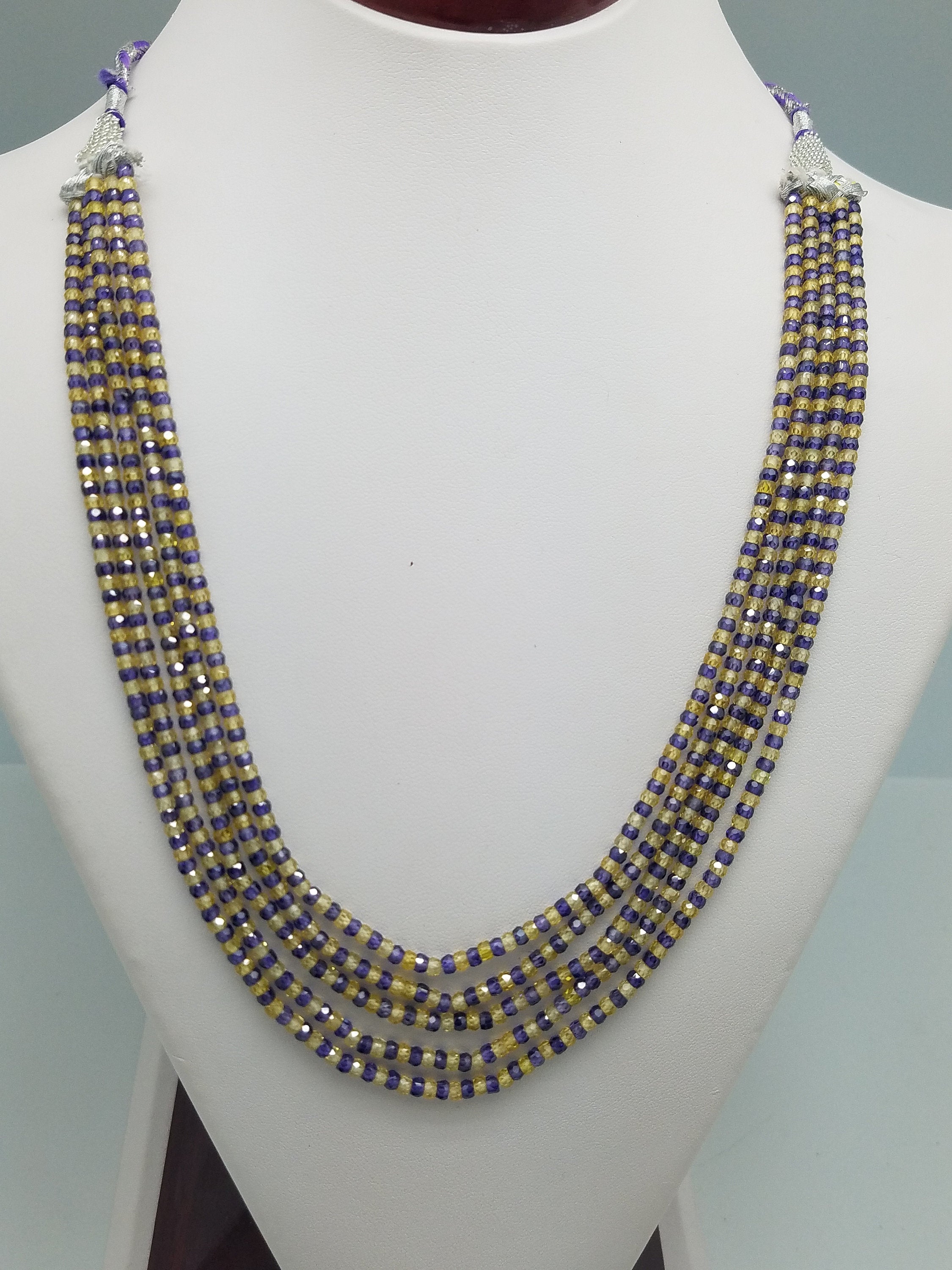 3mm Yellow Purple Mixed CZ Beaded Necklace, 5 Strands, Gemstone Beaded Necklace