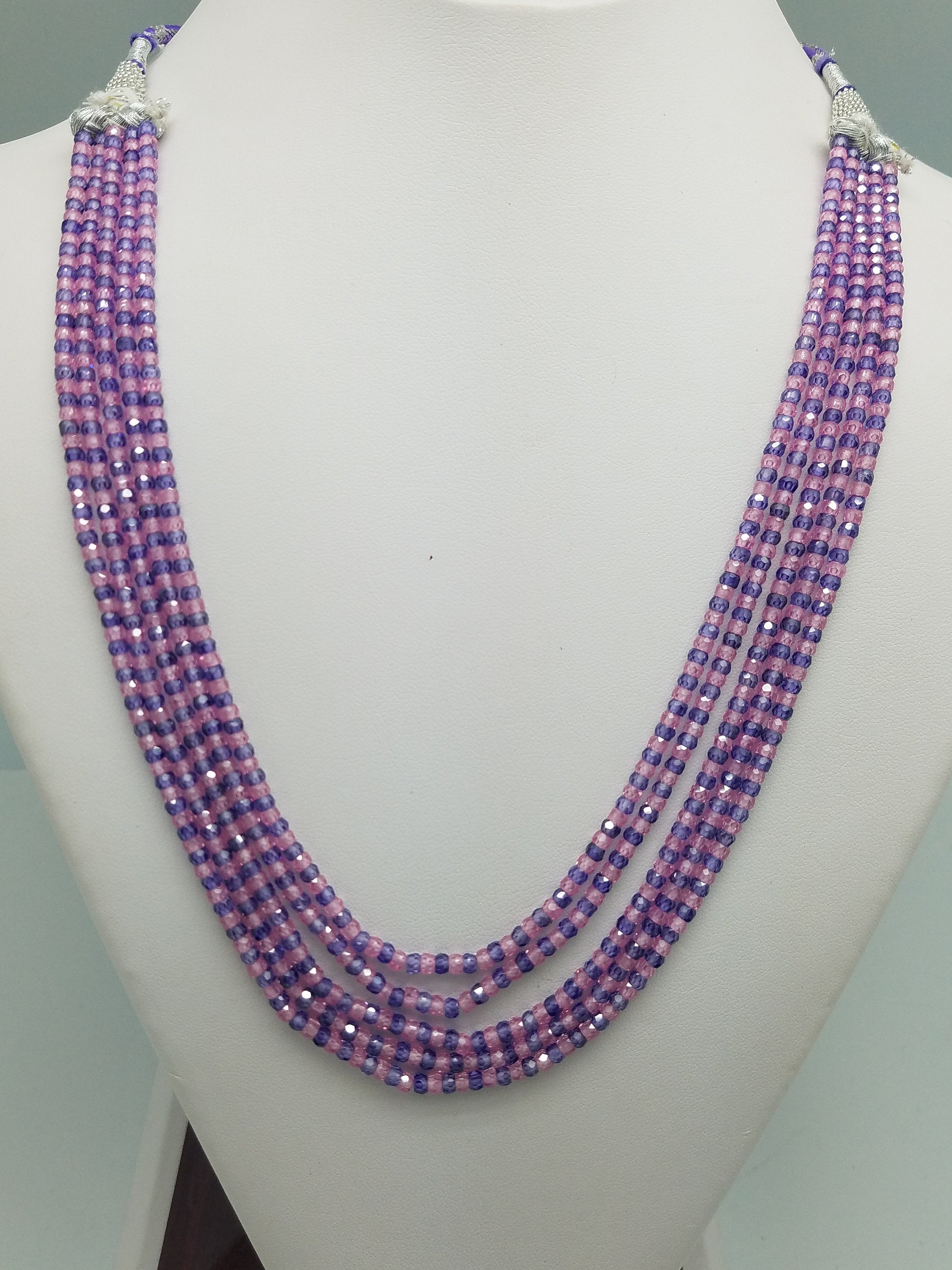 3mm Pink Purple Mixed CZ Beaded Necklace, 5 Strands, Gemstone Beaded Necklace