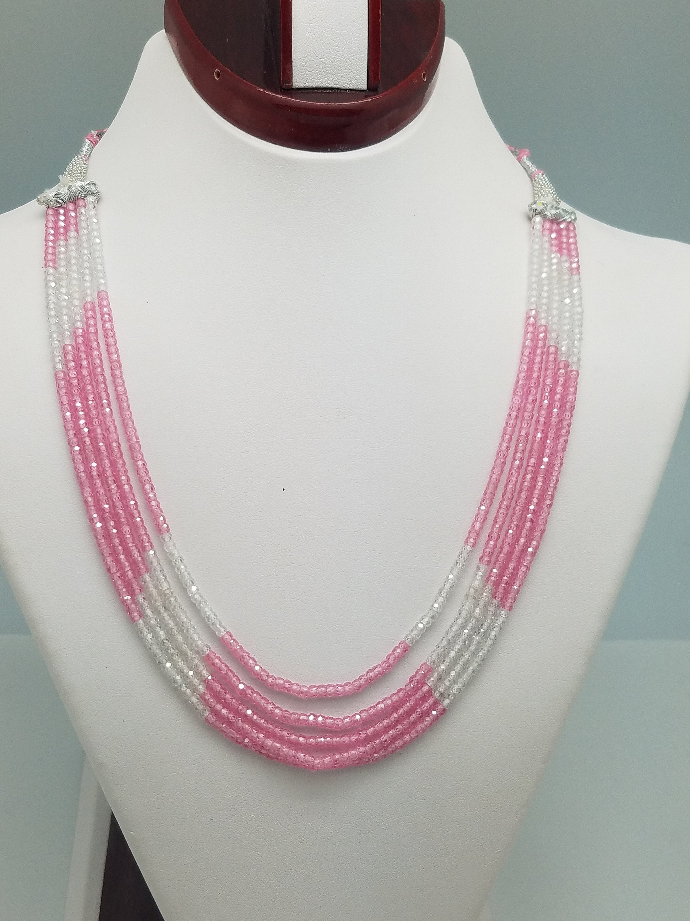 3mm Pink & White CZ Beaded Necklace - 5 Strands, Gemstone Necklace