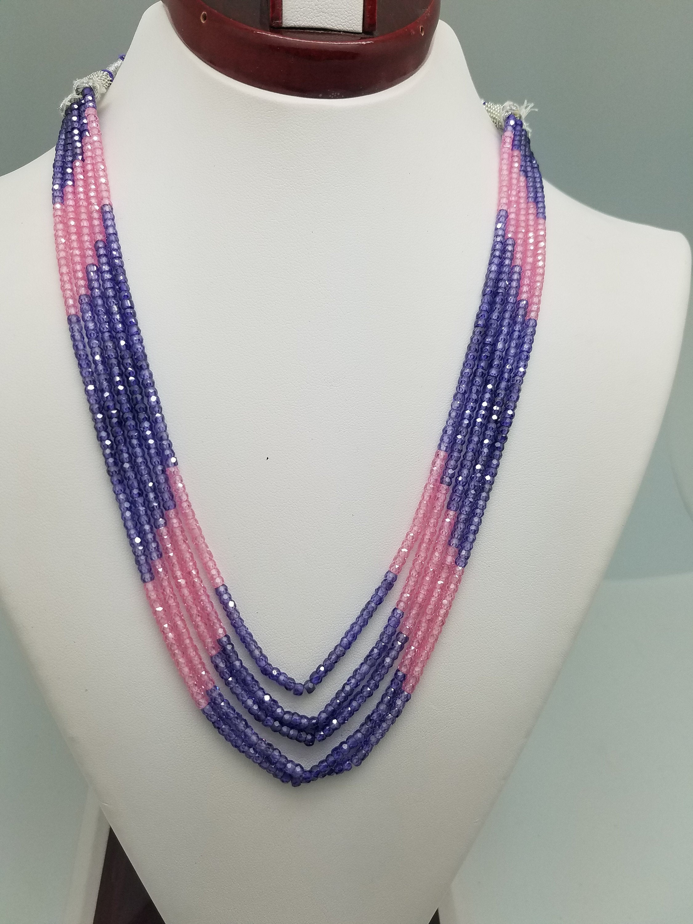 3mm Pink & Purple CZ Faceted Beaded Necklace - 5 Strands, Gemstone Necklace