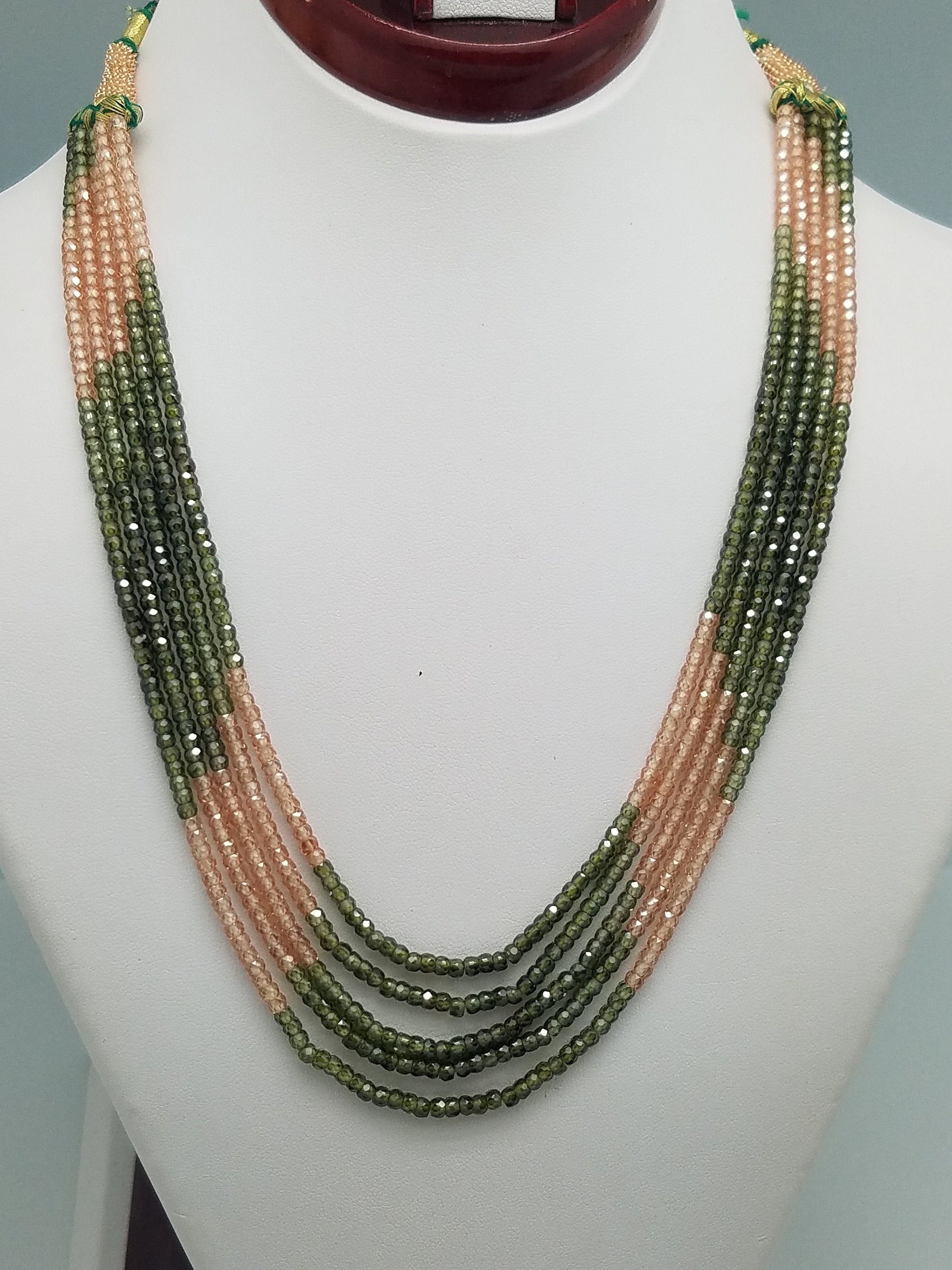 3mm Brown & Green CZ Faceted Beaded Necklace - 5 Strands, Gemstone Necklace