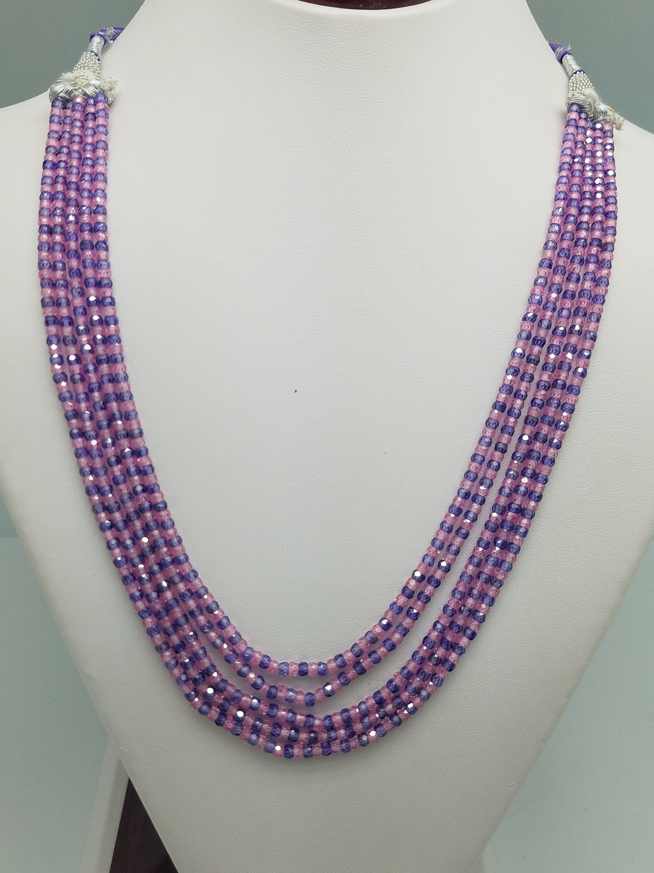 3mm Pink Purple Mixed CZ Beaded Necklace, 5 Strands, Gemstone Beaded Necklace